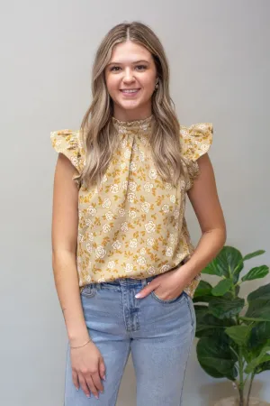 Taupe Ruffle Sleeve Floral Top