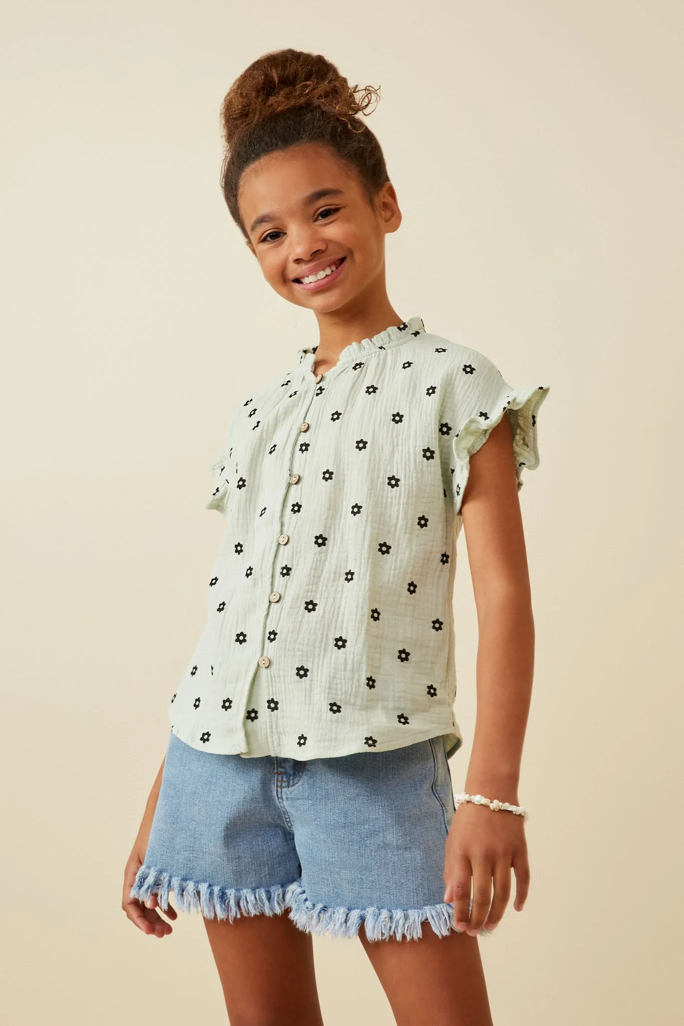 Textured Floral Print Ruffle Collar Shirt