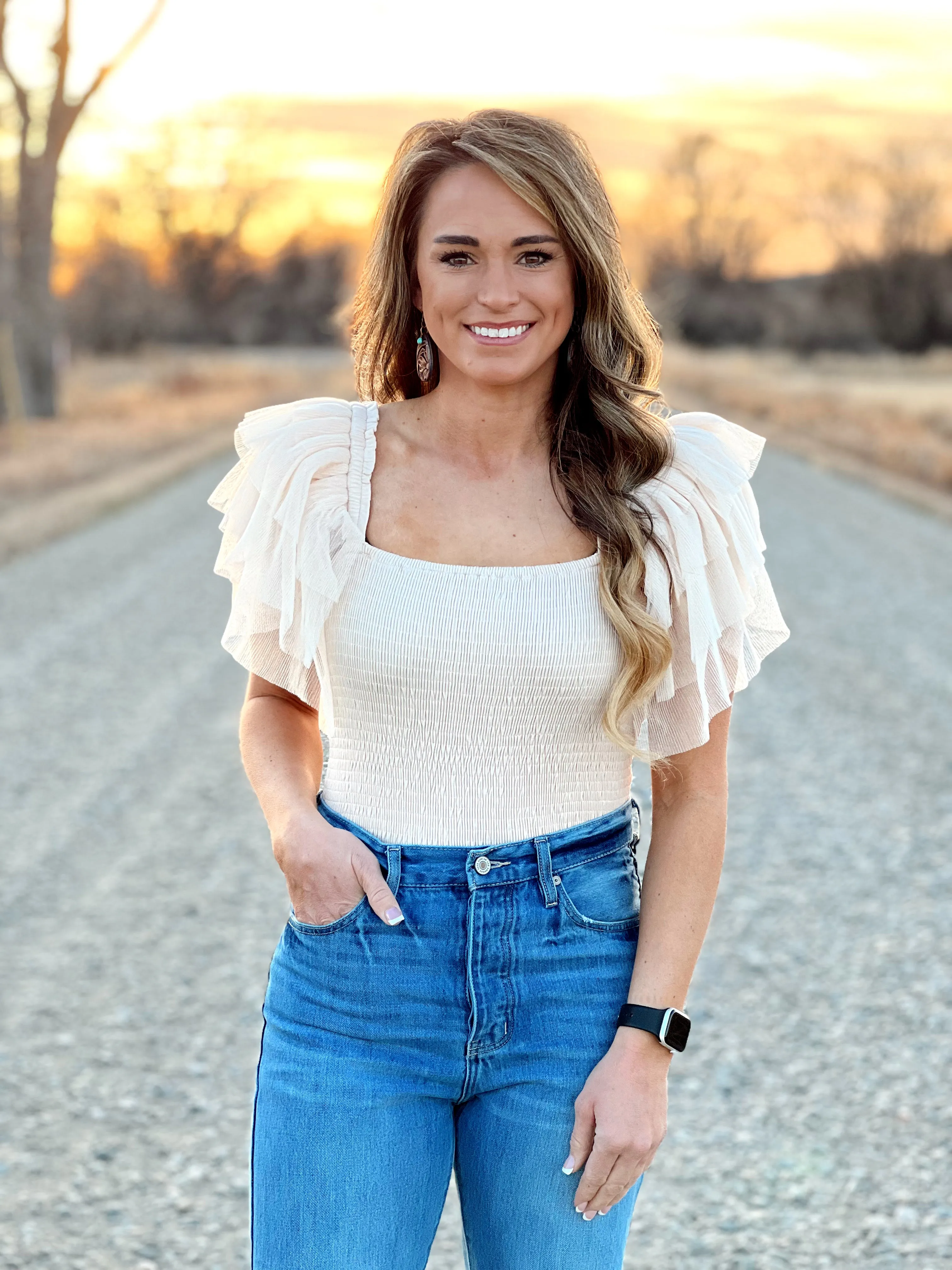 The Ruffle Sleeve Bodysuit in Champagne
