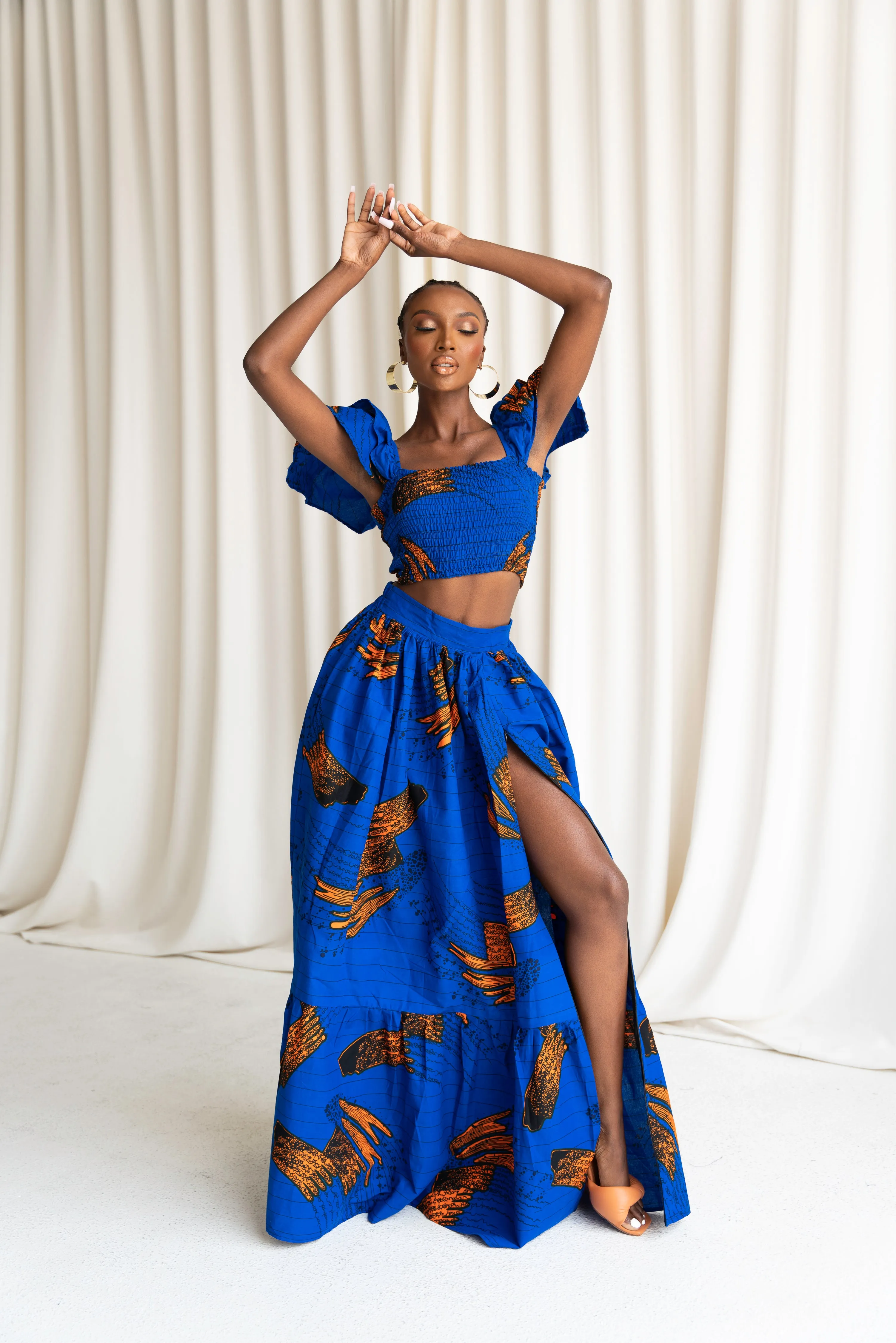 TORI African Print Ruffle Sleeve Crop Top