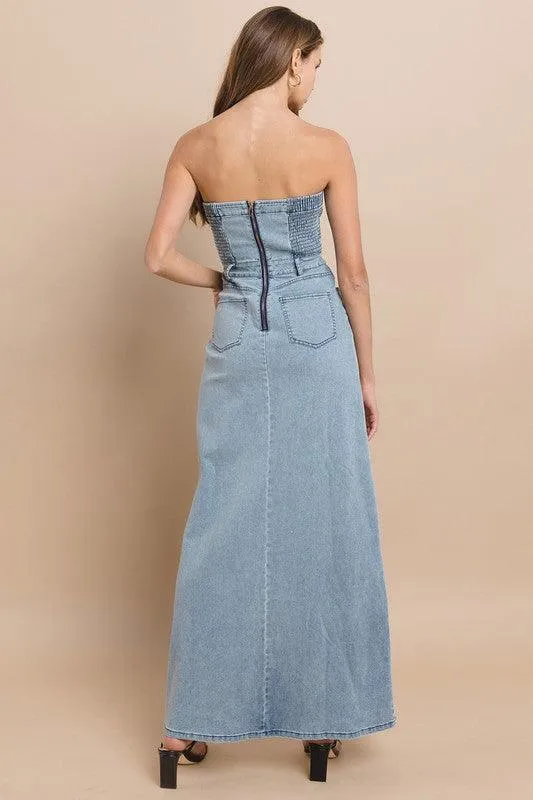 TUBE DENIM MAXI DRESS WITH SLIT