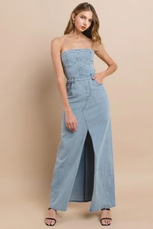 TUBE DENIM MAXI DRESS WITH SLIT