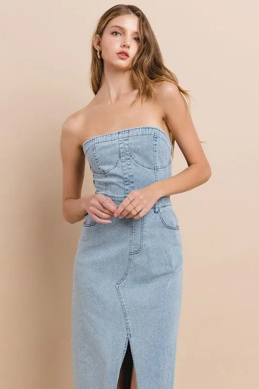 TUBE DENIM MAXI DRESS WITH SLIT