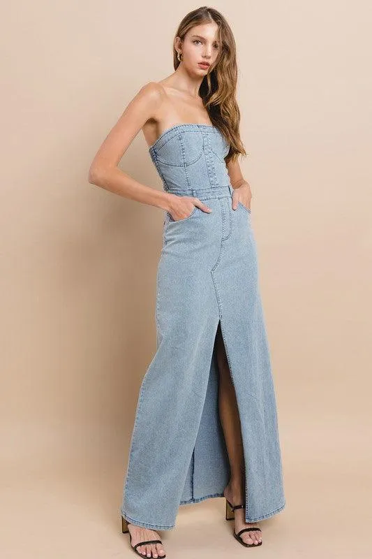 TUBE DENIM MAXI DRESS WITH SLIT
