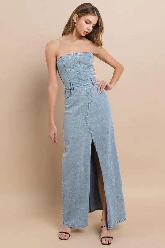TUBE DENIM MAXI DRESS WITH SLIT