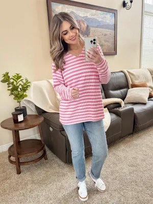 V Neck Knit Sweater In Pink Stripes