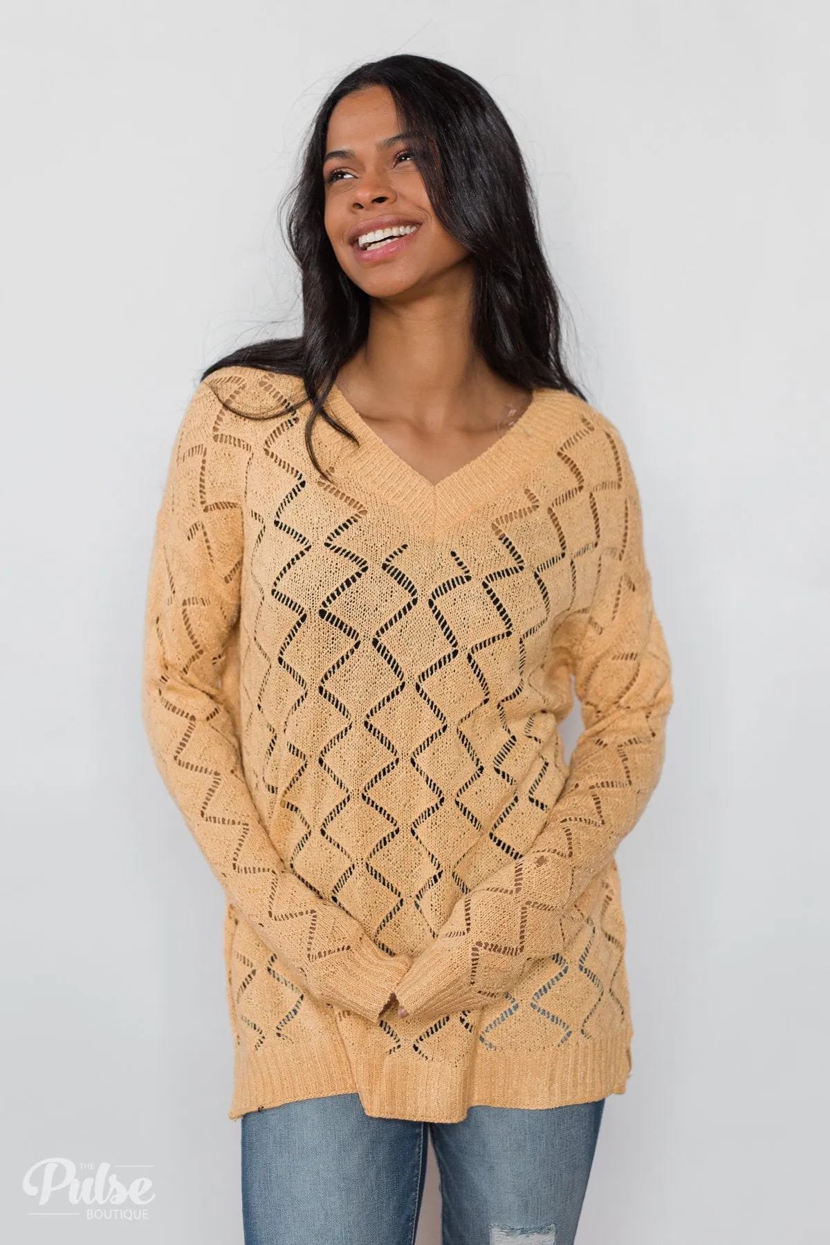 V-Neck Pointelle Knit Pullover - Mustard