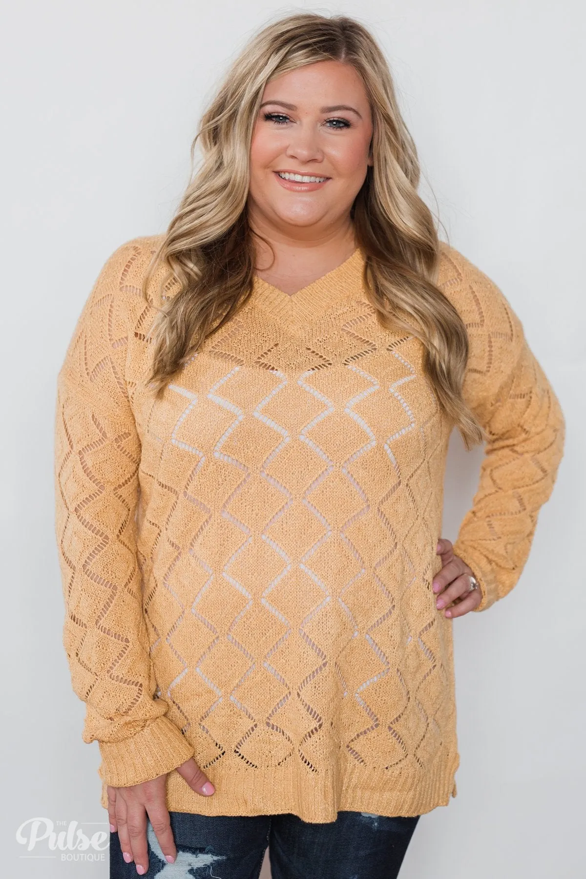 V-Neck Pointelle Knit Pullover - Mustard