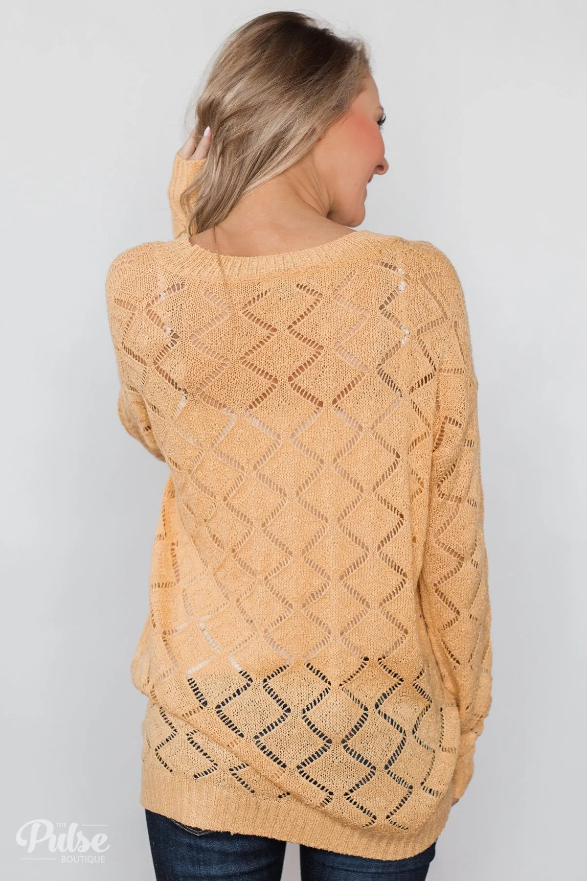 V-Neck Pointelle Knit Pullover - Mustard