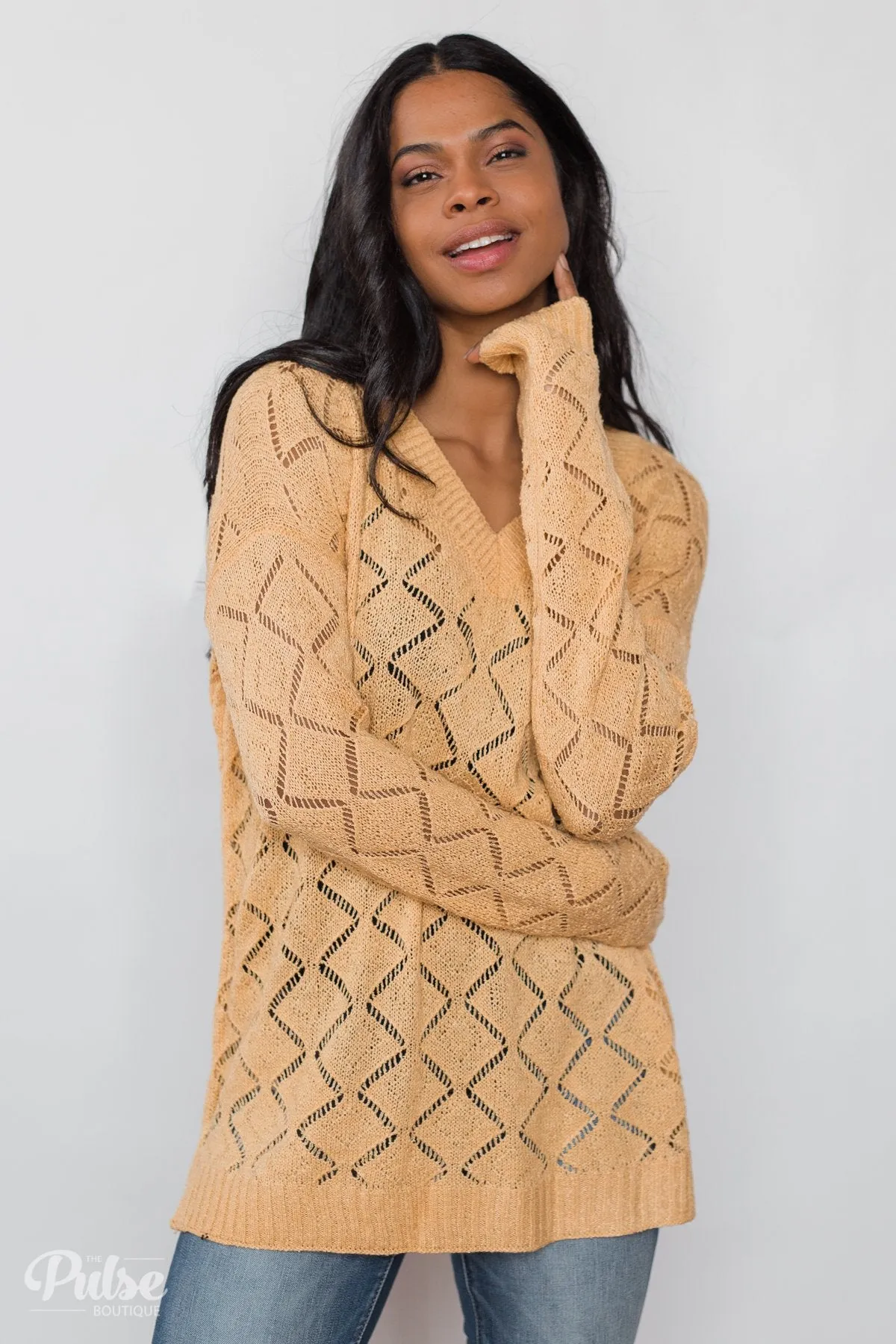 V-Neck Pointelle Knit Pullover - Mustard