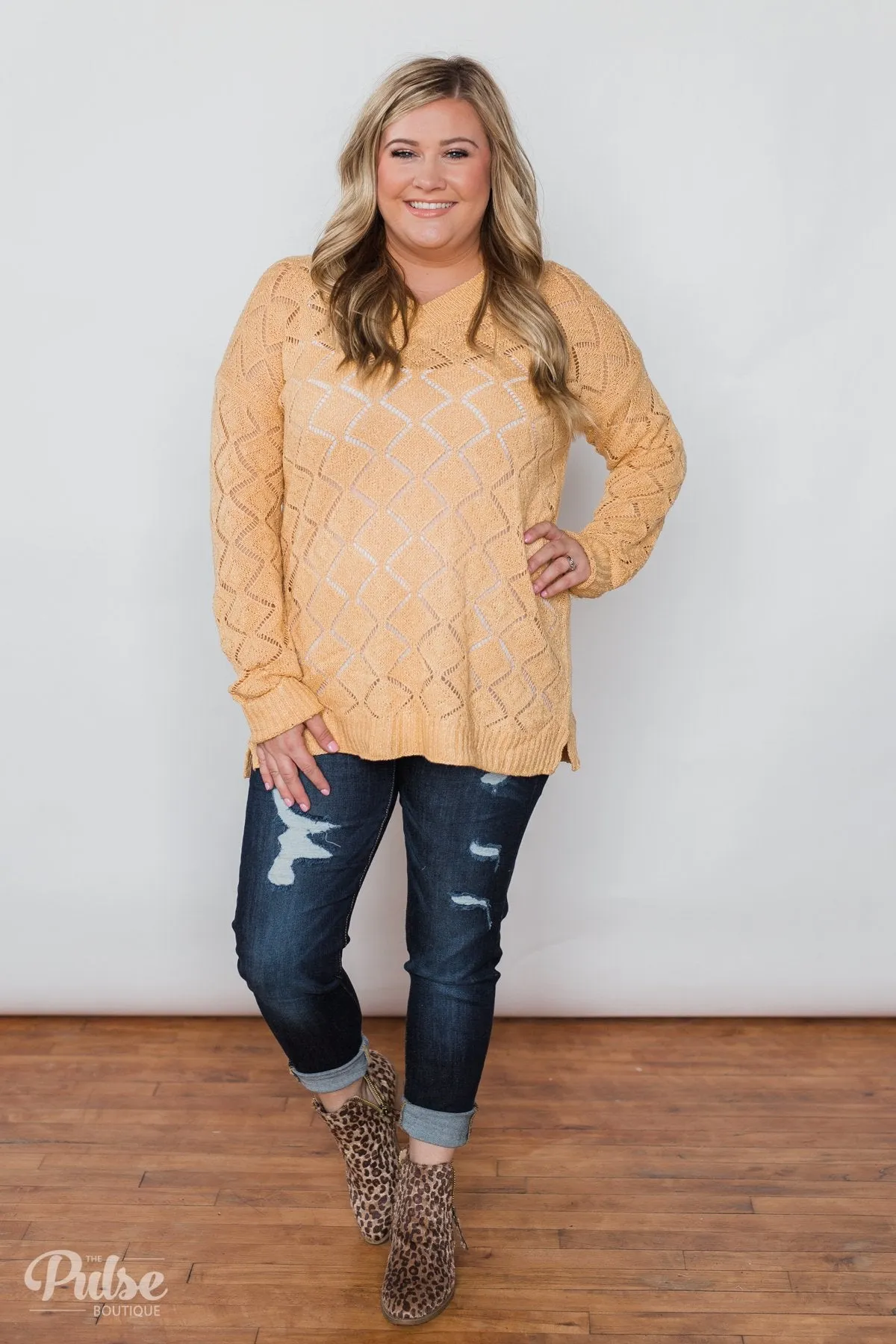 V-Neck Pointelle Knit Pullover - Mustard