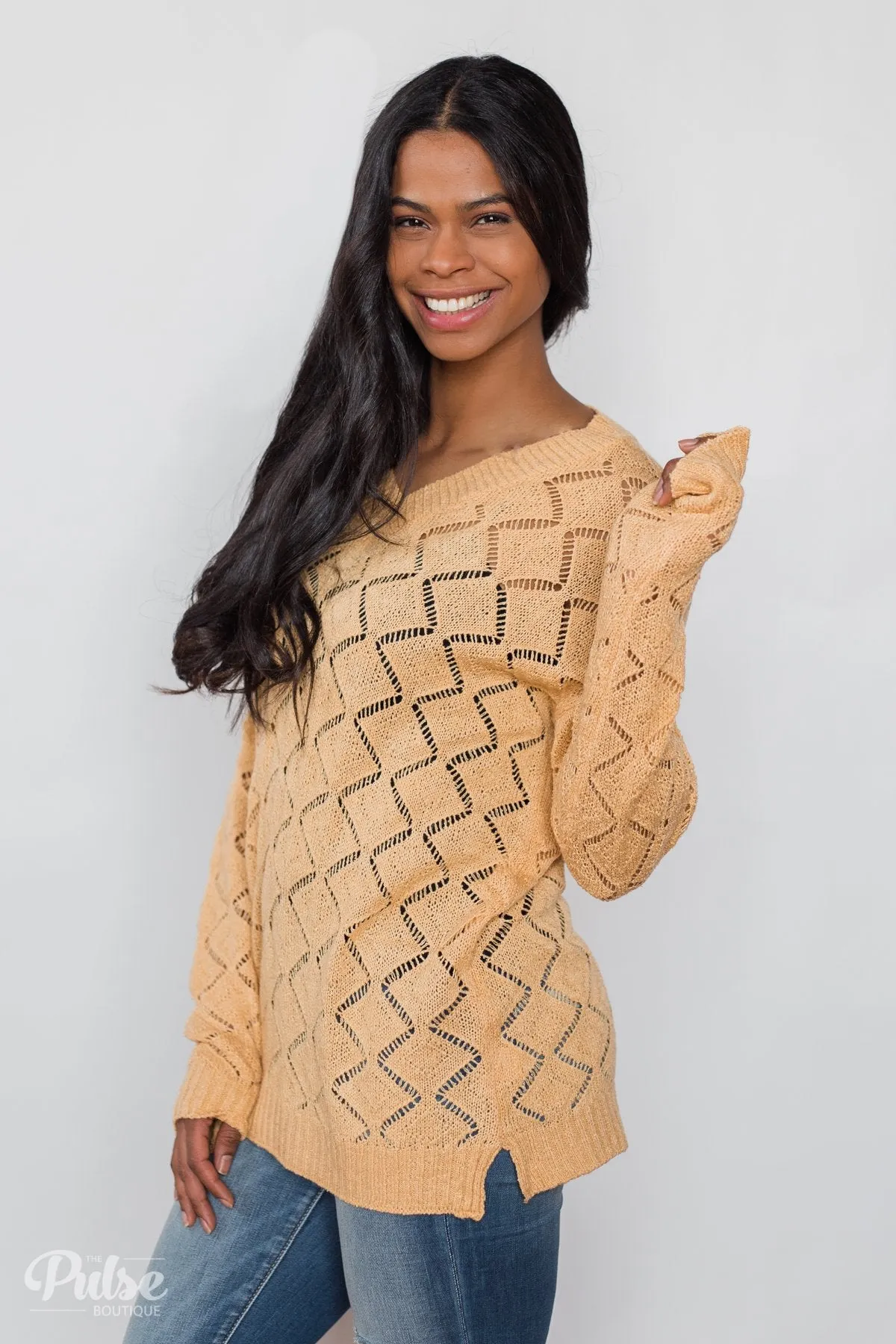 V-Neck Pointelle Knit Pullover - Mustard