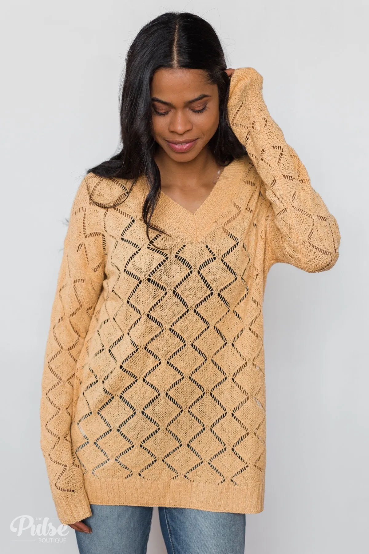 V-Neck Pointelle Knit Pullover - Mustard