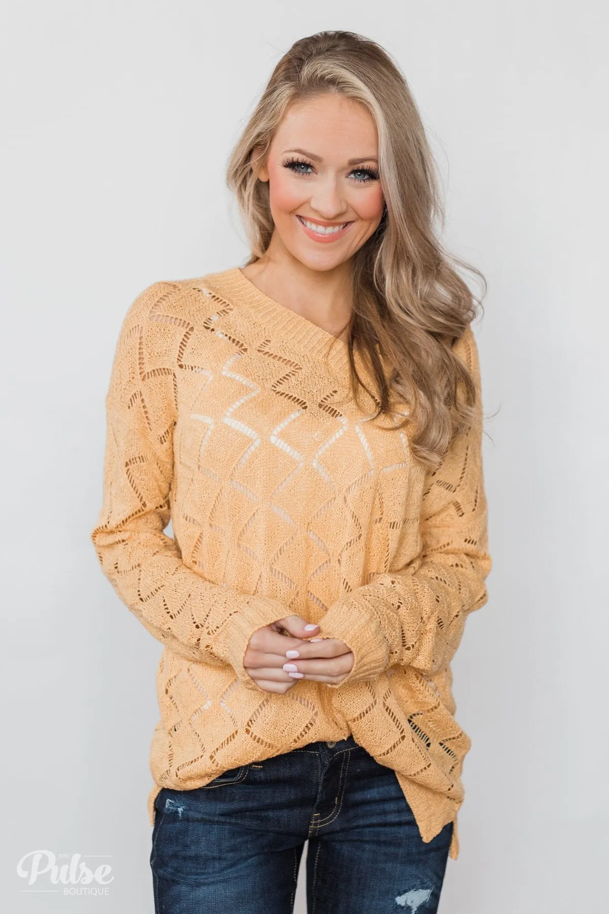 V-Neck Pointelle Knit Pullover - Mustard