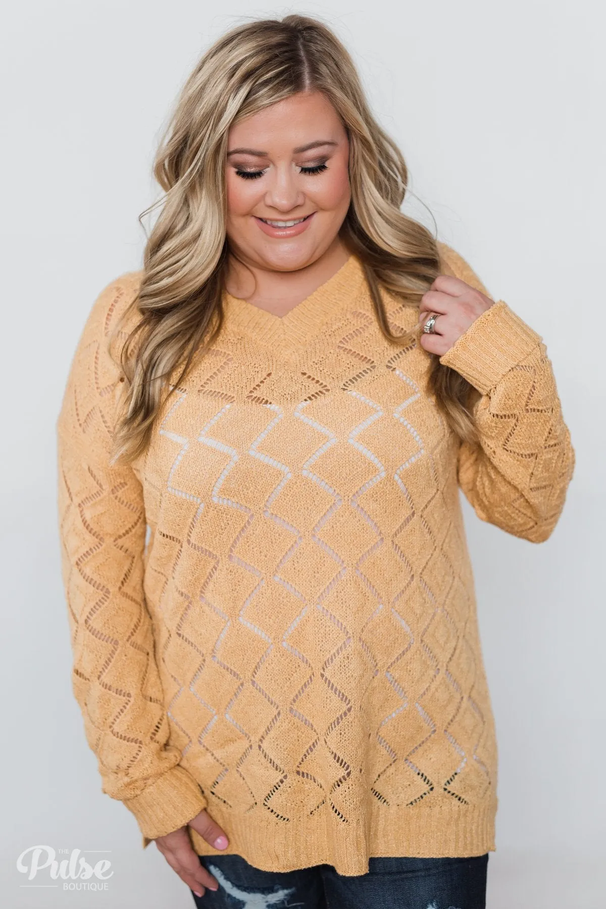 V-Neck Pointelle Knit Pullover - Mustard