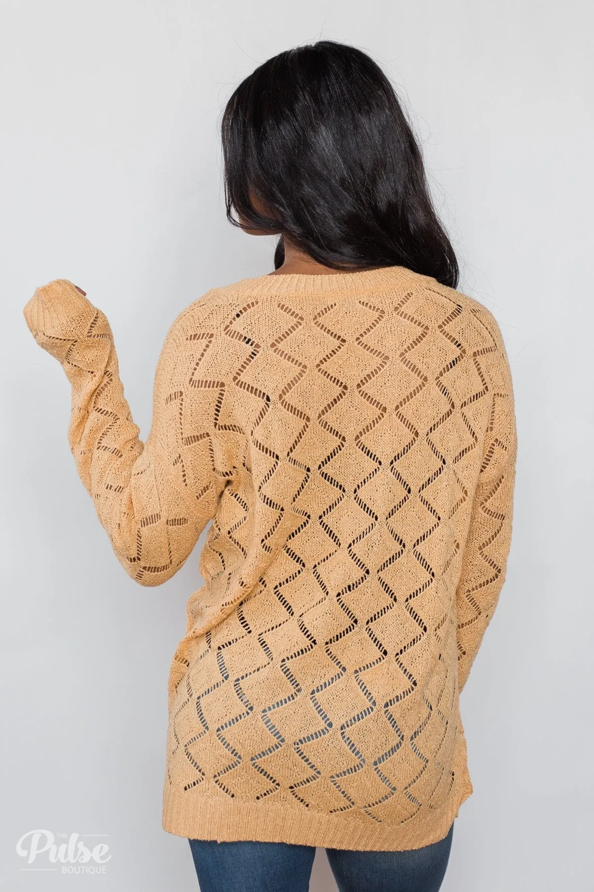 V-Neck Pointelle Knit Pullover - Mustard