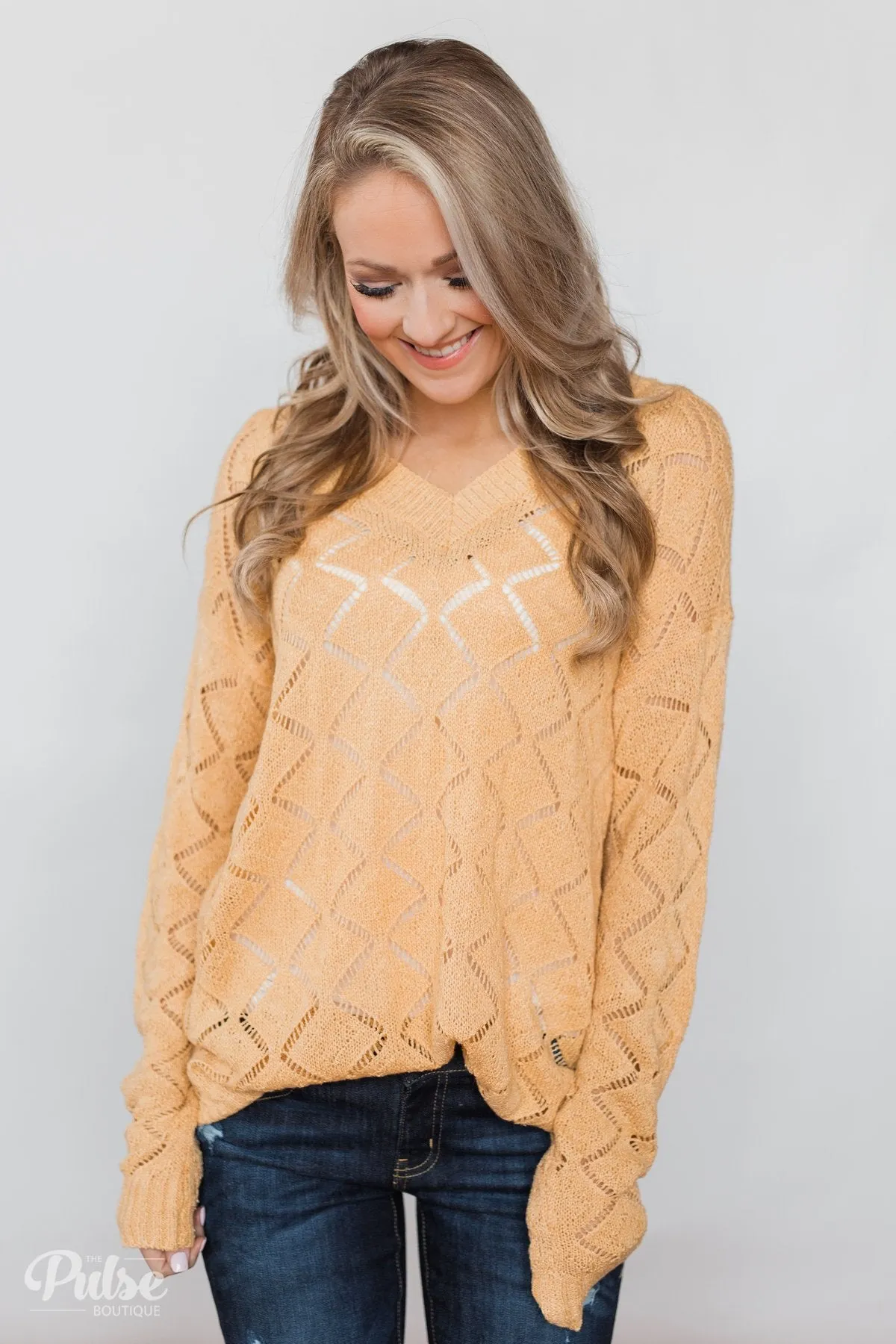 V-Neck Pointelle Knit Pullover - Mustard