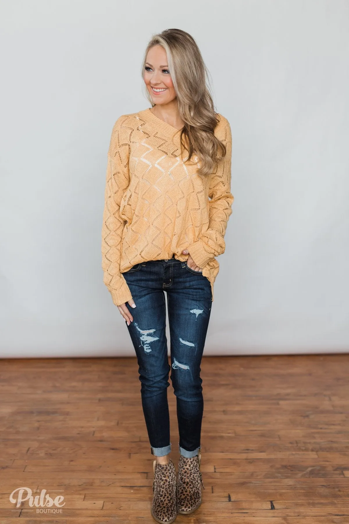 V-Neck Pointelle Knit Pullover - Mustard