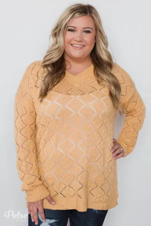V-Neck Pointelle Knit Pullover - Mustard