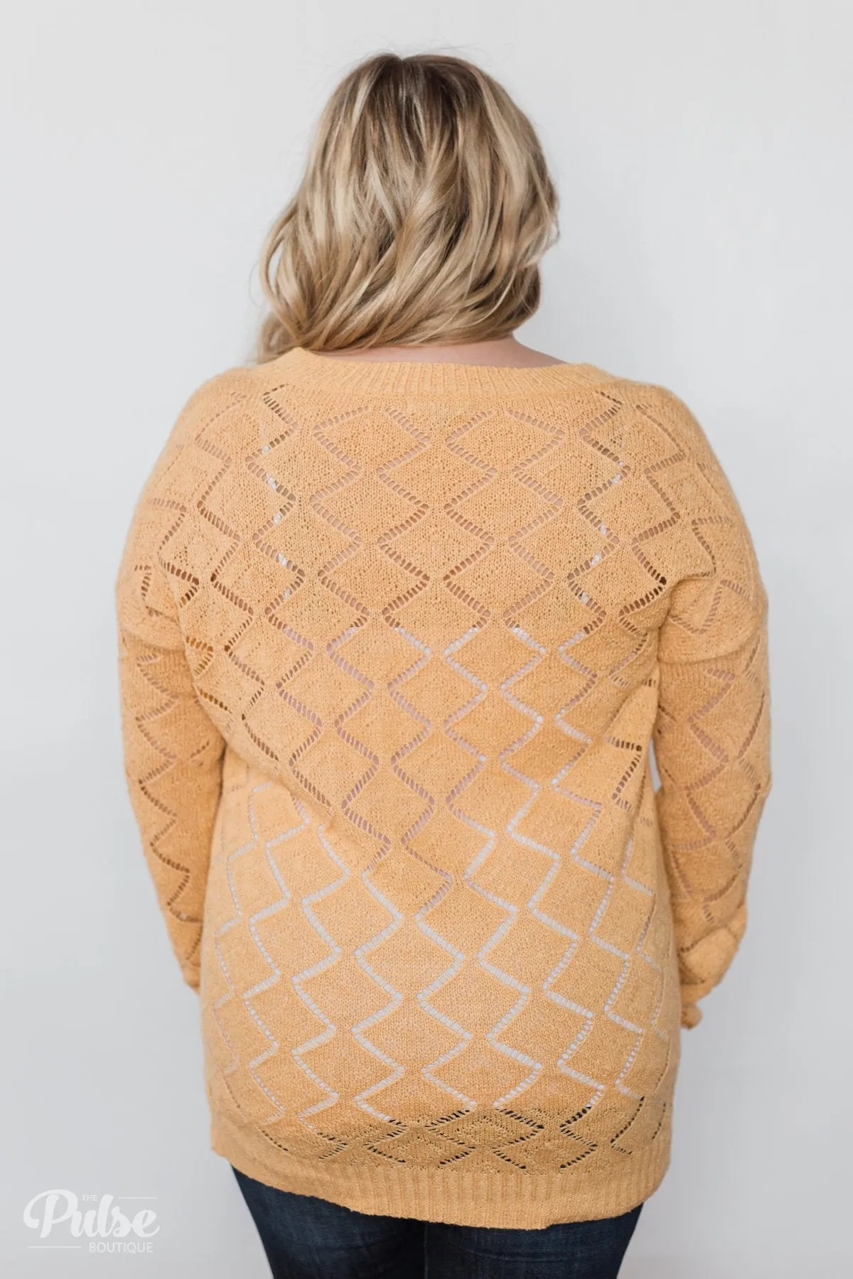V-Neck Pointelle Knit Pullover - Mustard