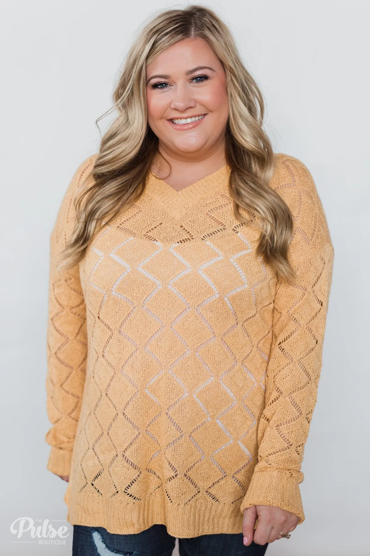 V-Neck Pointelle Knit Pullover - Mustard