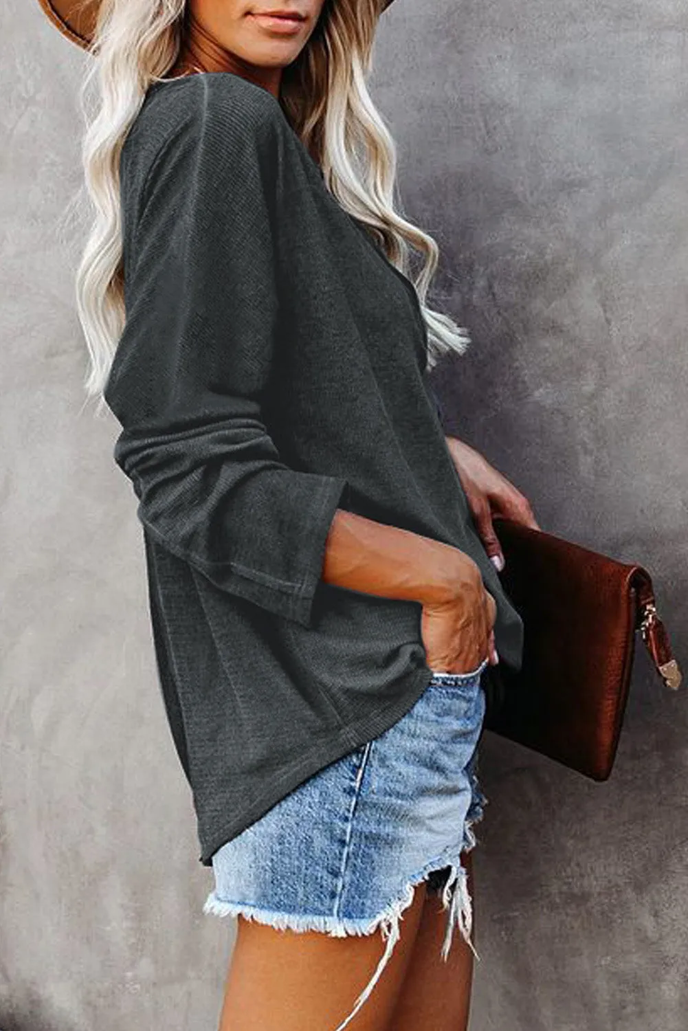V Neck Washed Grommet Top