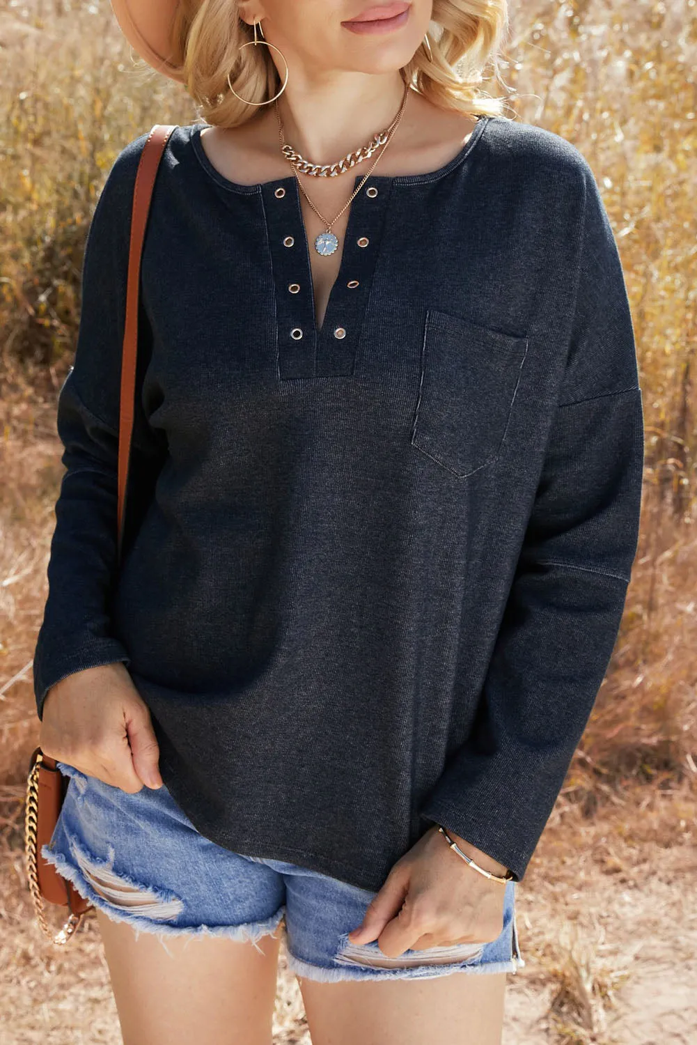 V Neck Washed Grommet Top