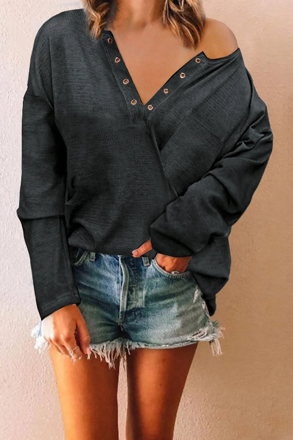 V Neck Washed Grommet Top