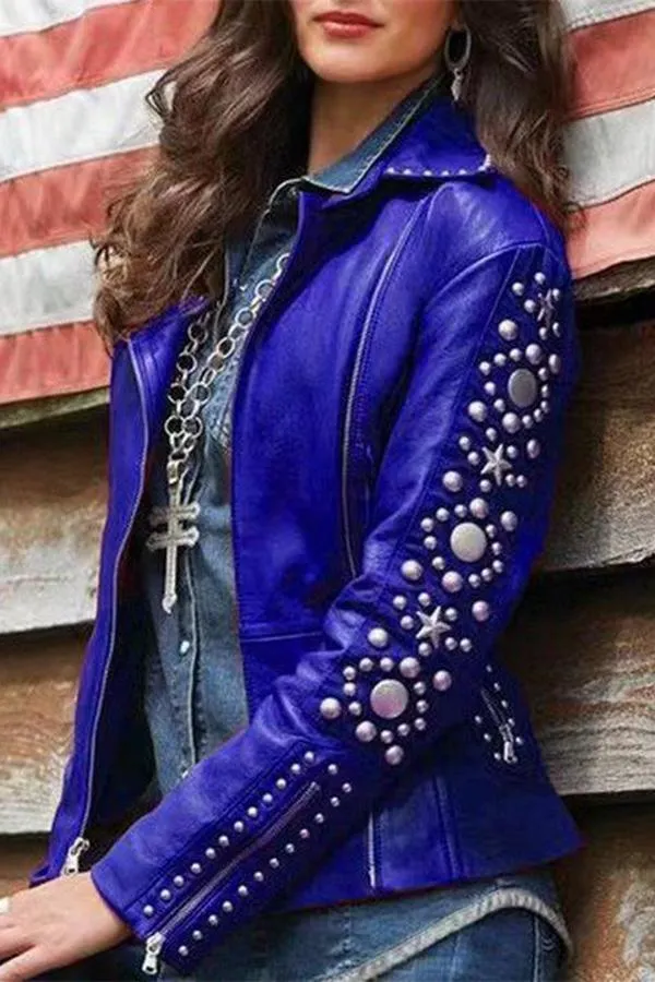 Vintage Lapel Rivet Leather Jacket