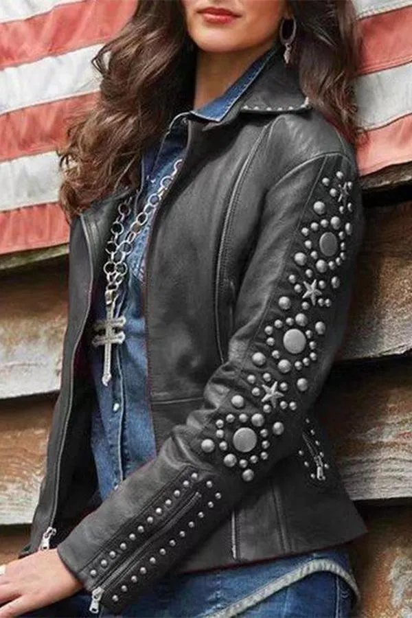 Vintage Lapel Rivet Leather Jacket