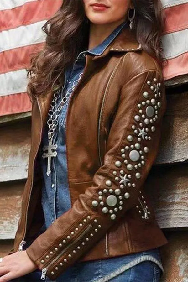 Vintage Lapel Rivet Leather Jacket