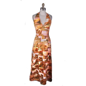 Vtg Womens 70s Halter Maxi Dress Photo Print Pink Orange Disco S Acetate