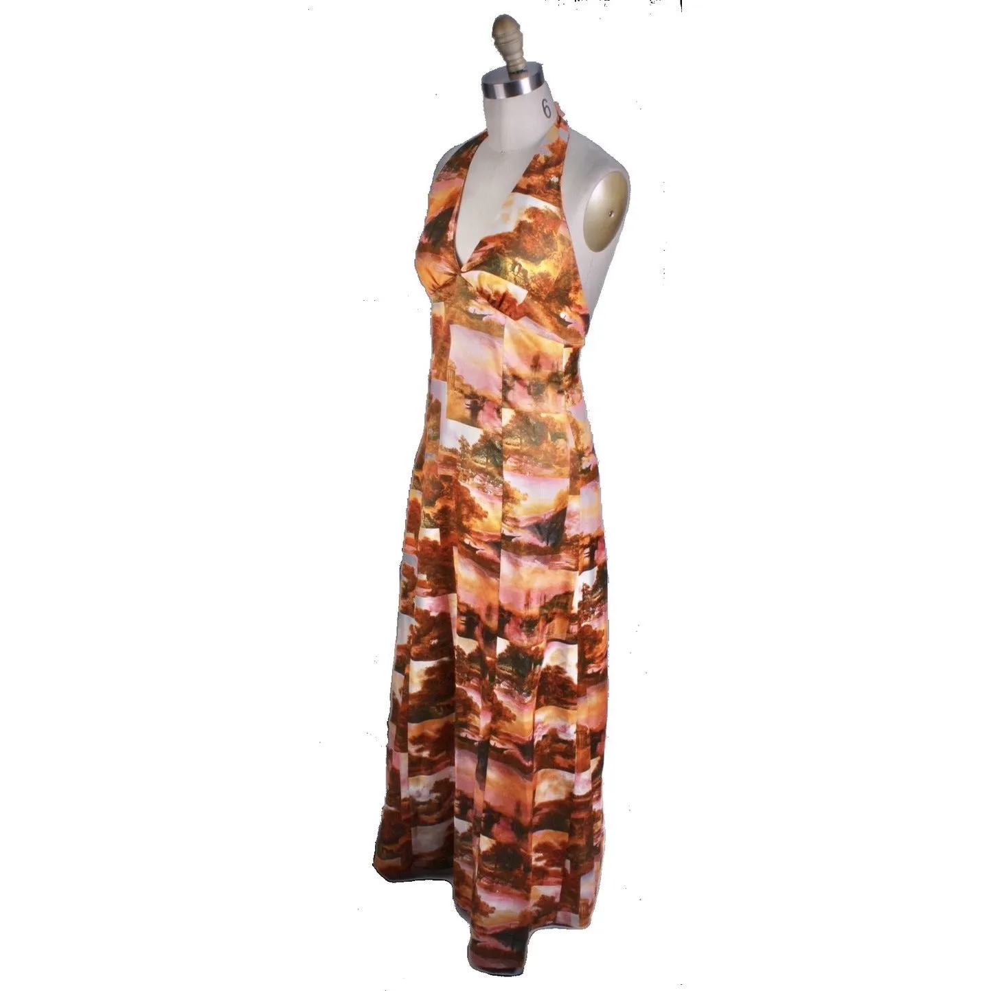 Vtg Womens 70s Halter Maxi Dress Photo Print Pink Orange Disco S Acetate