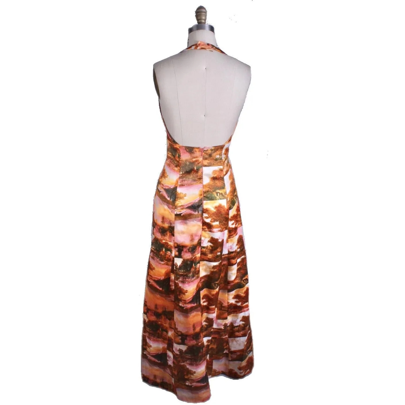 Vtg Womens 70s Halter Maxi Dress Photo Print Pink Orange Disco S Acetate