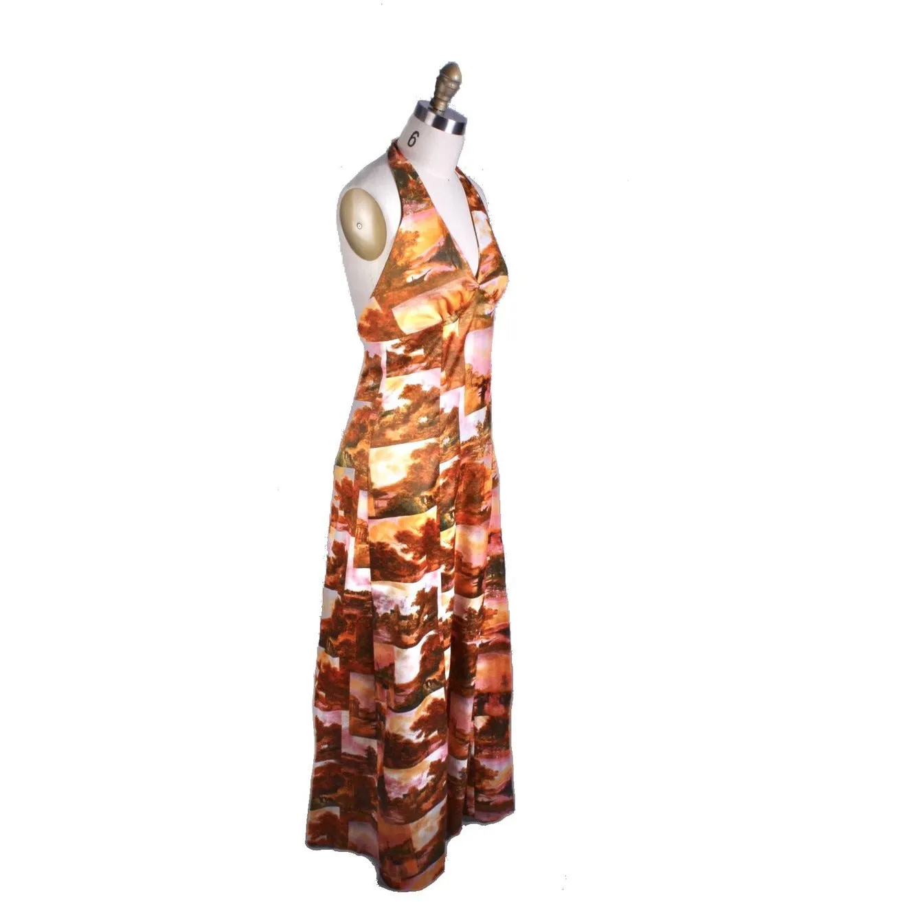 Vtg Womens 70s Halter Maxi Dress Photo Print Pink Orange Disco S Acetate