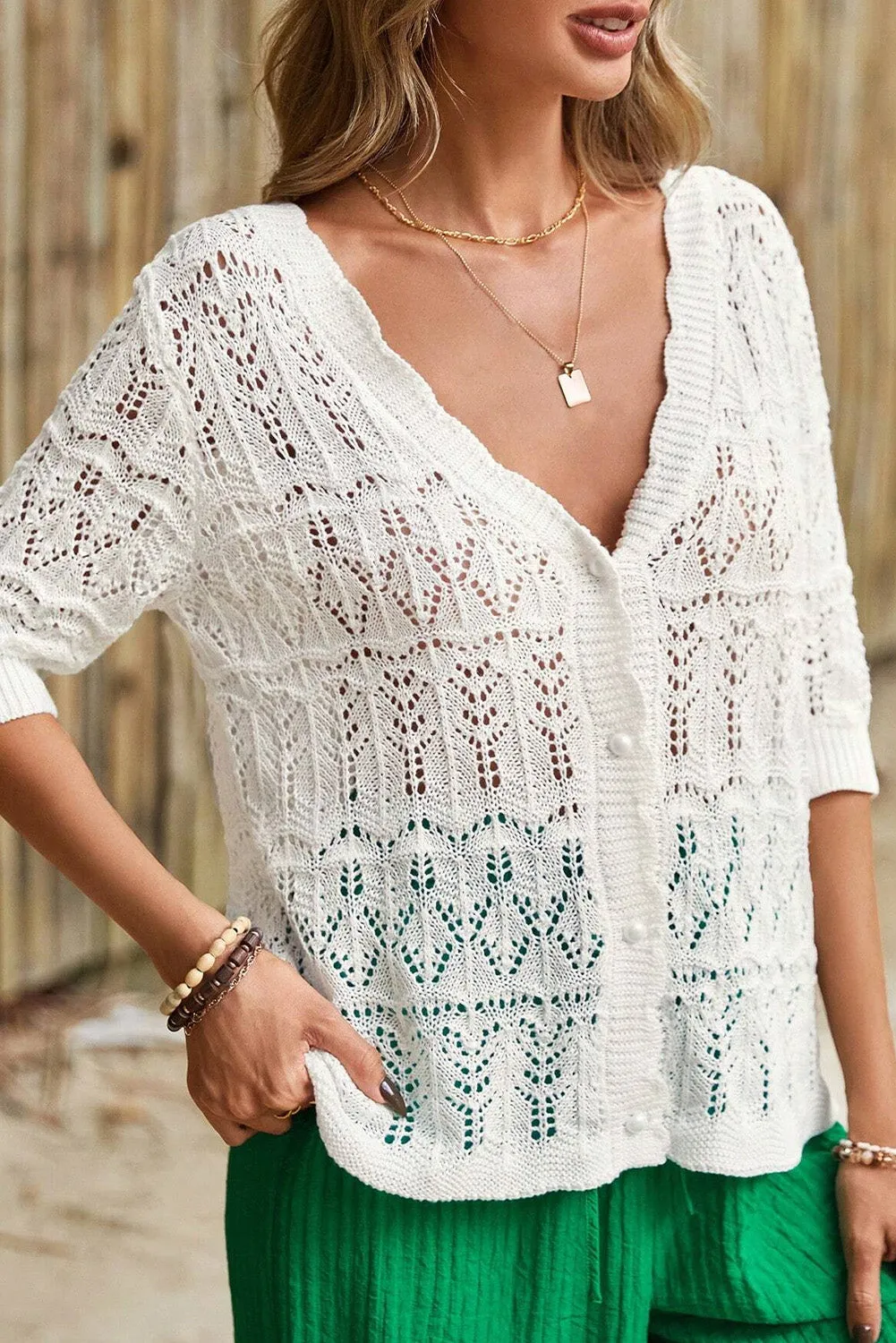 White Frenchy Hollow Out Knitted V Neck Cardigan