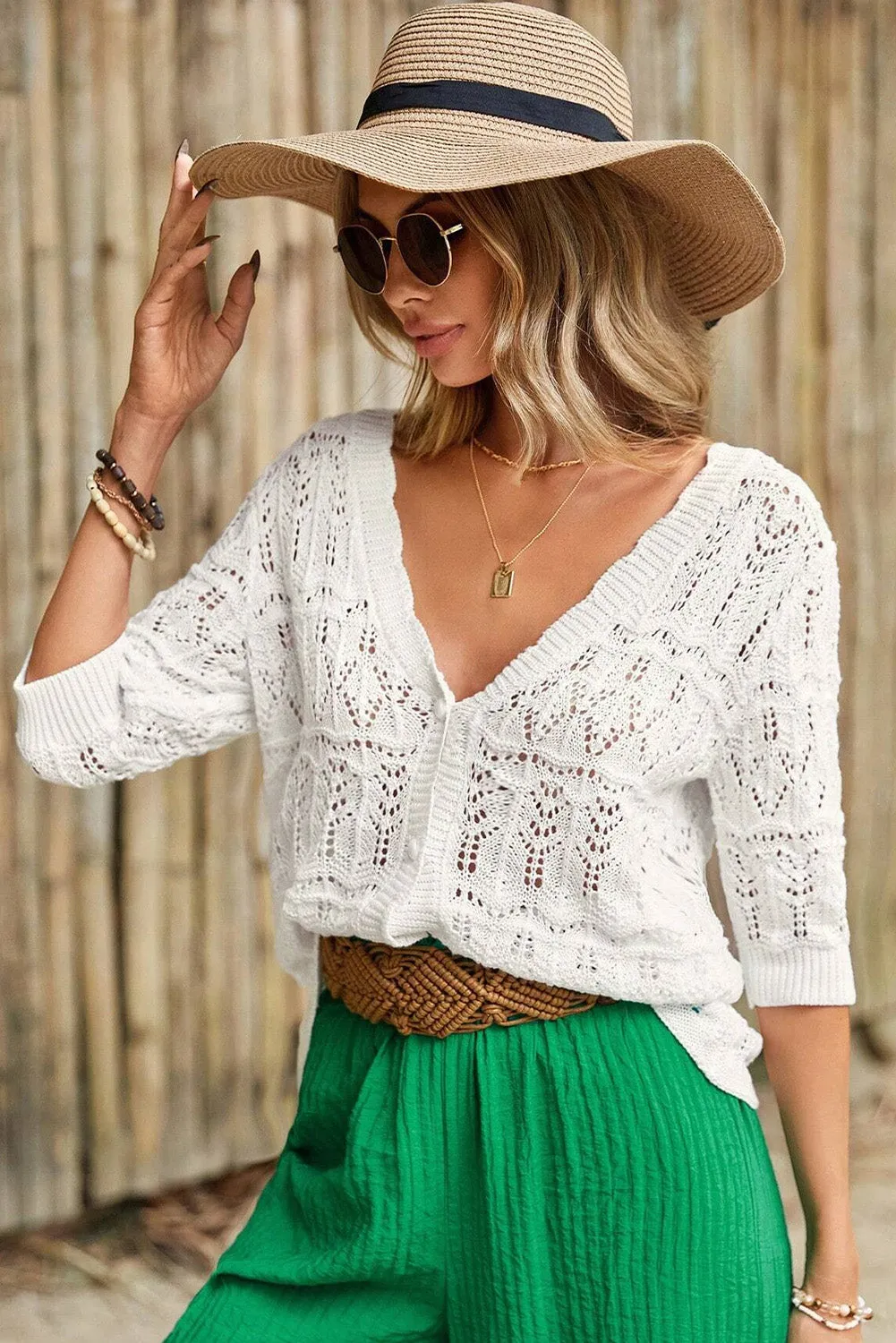 White Frenchy Hollow Out Knitted V Neck Cardigan