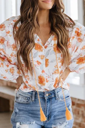 White Tassel Tie V Neck Floral Boho Blouse