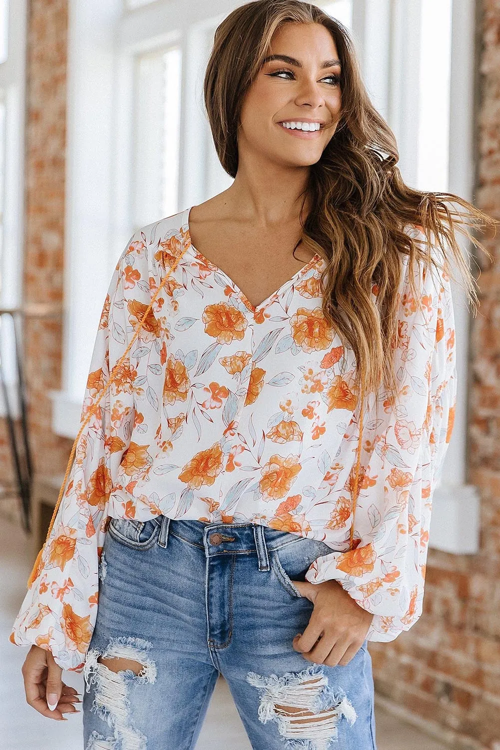 White Tassel Tie V Neck Floral Boho Blouse