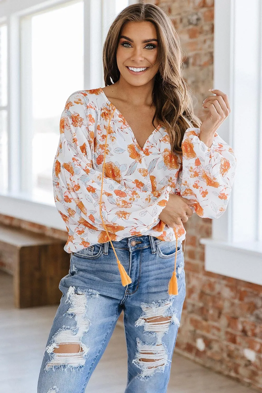 White Tassel Tie V Neck Floral Boho Blouse