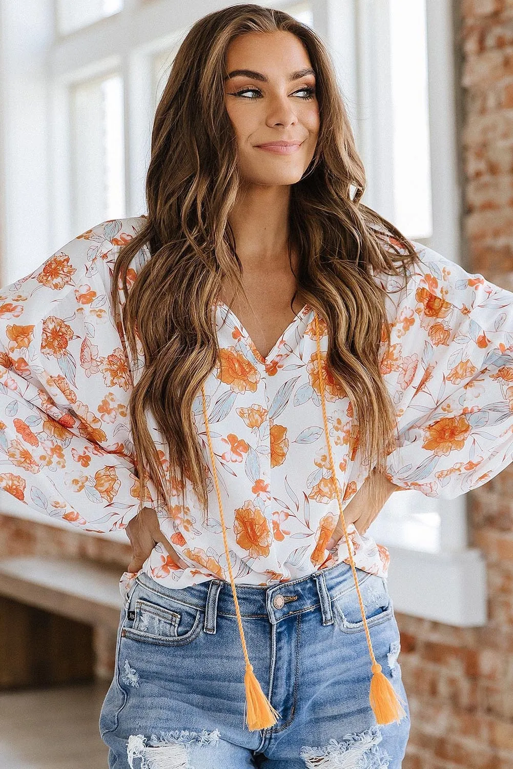 White Tassel Tie V Neck Floral Boho Blouse