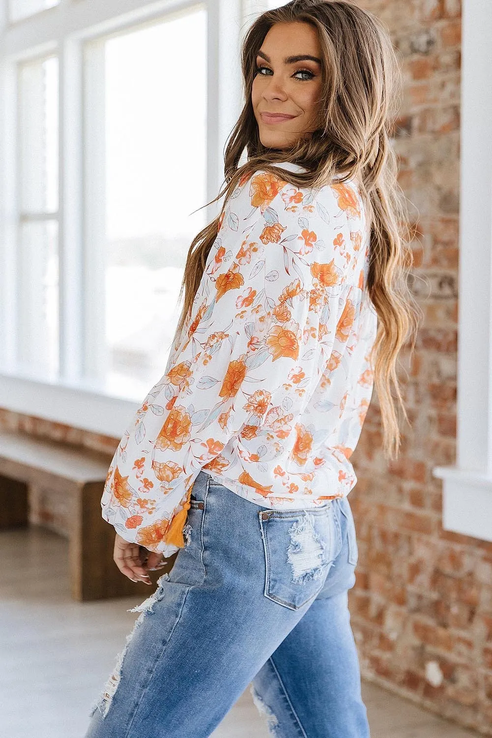 White Tassel Tie V Neck Floral Boho Blouse