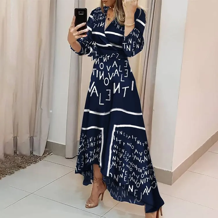 Women Letter Print Irregular Long Dresses