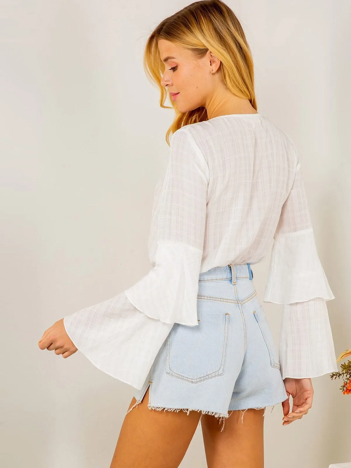 WOMENS LONG RUFFLE RUFFLE SLEEVE BUTTON UP V-NECK BODYSUIT