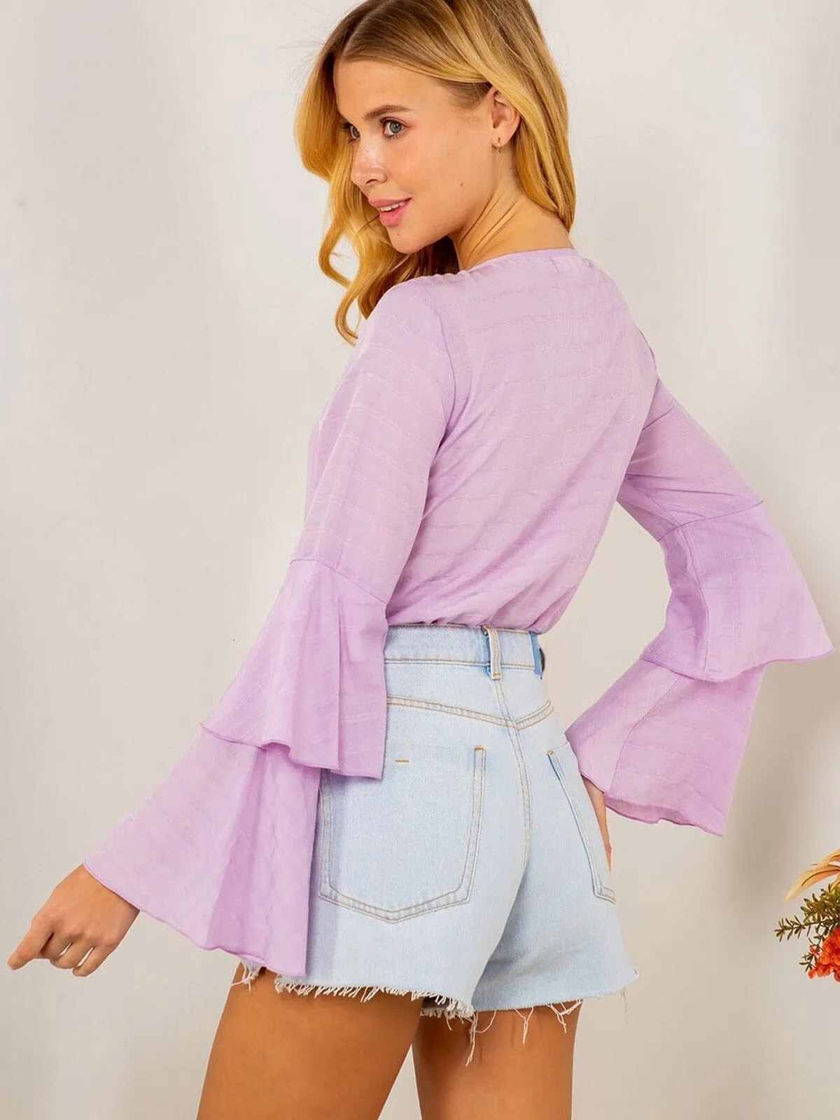WOMENS LONG RUFFLE RUFFLE SLEEVE BUTTON UP V-NECK BODYSUIT