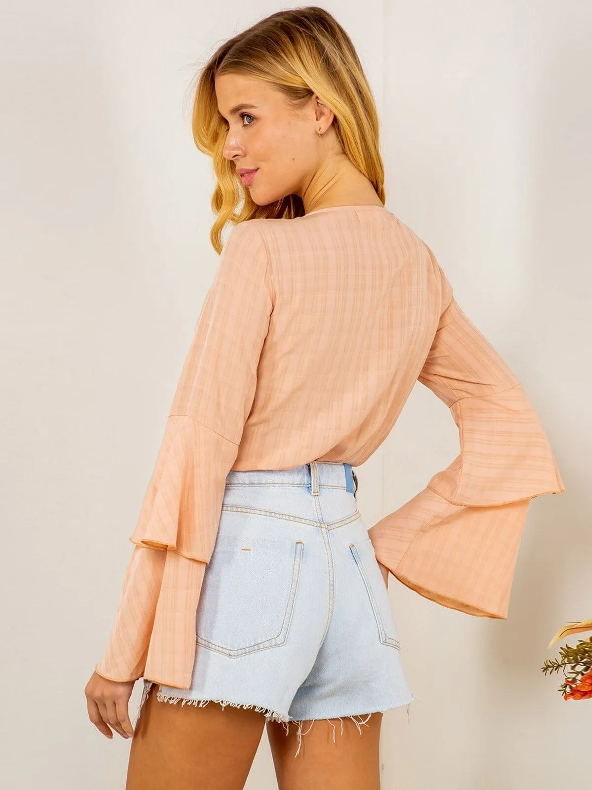 WOMENS LONG RUFFLE RUFFLE SLEEVE BUTTON UP V-NECK BODYSUIT
