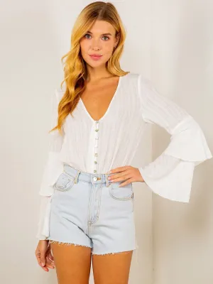 WOMENS LONG RUFFLE RUFFLE SLEEVE BUTTON UP V-NECK BODYSUIT