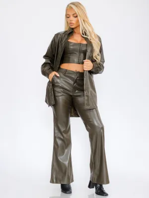WOMEN'S LONG SLEEVE BUTTON CLOSURE PU PLEATHER JACKET