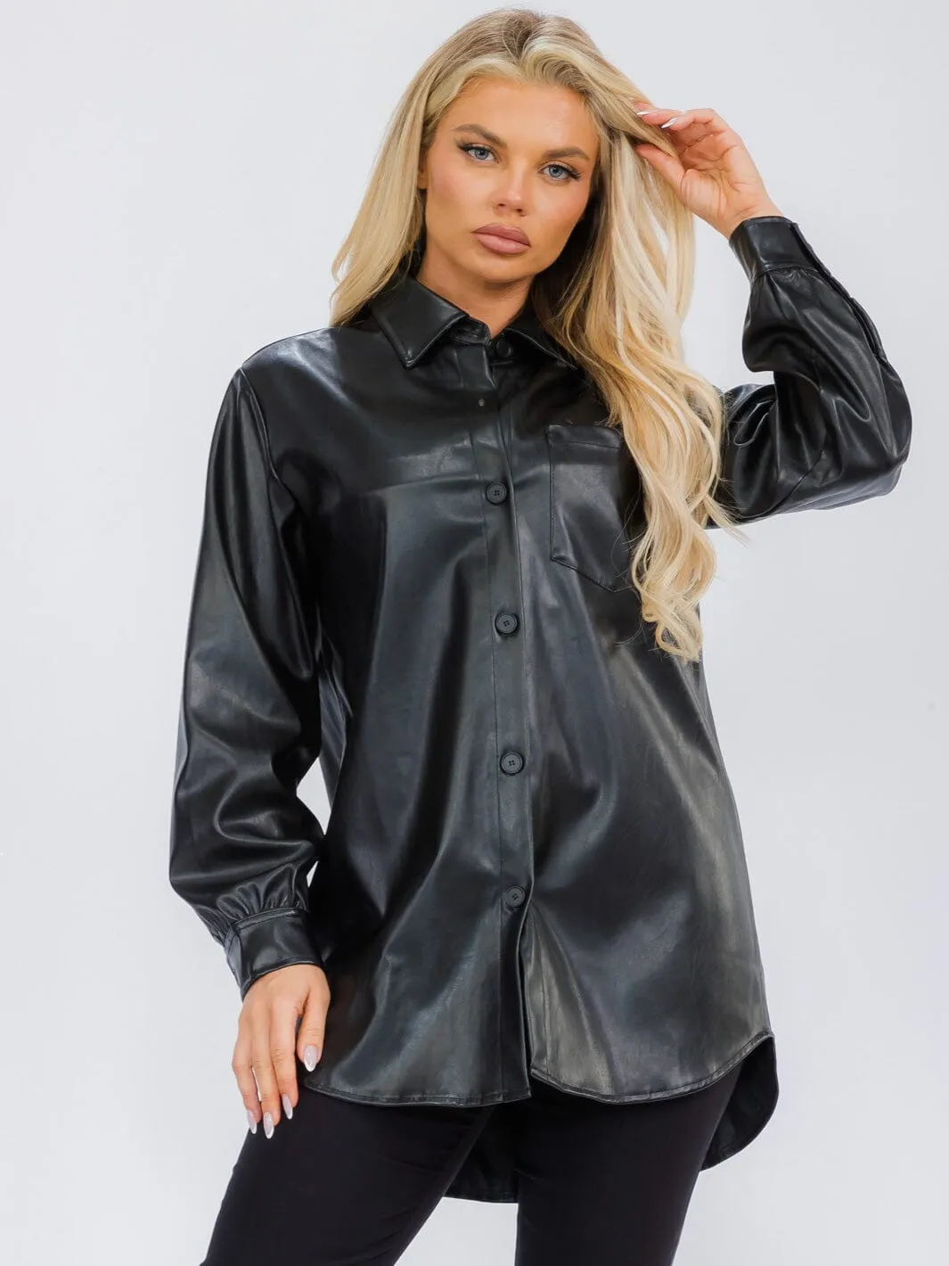 WOMEN'S LONG SLEEVE BUTTON CLOSURE PU PLEATHER JACKET
