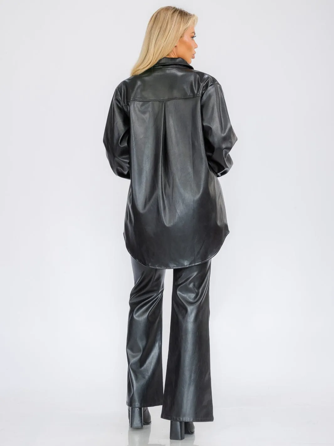 WOMEN'S LONG SLEEVE BUTTON CLOSURE PU PLEATHER JACKET